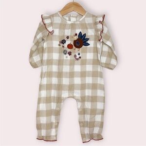 MudPie turkey romper one piece gauze tan check Thanksgiving size 6-9 months